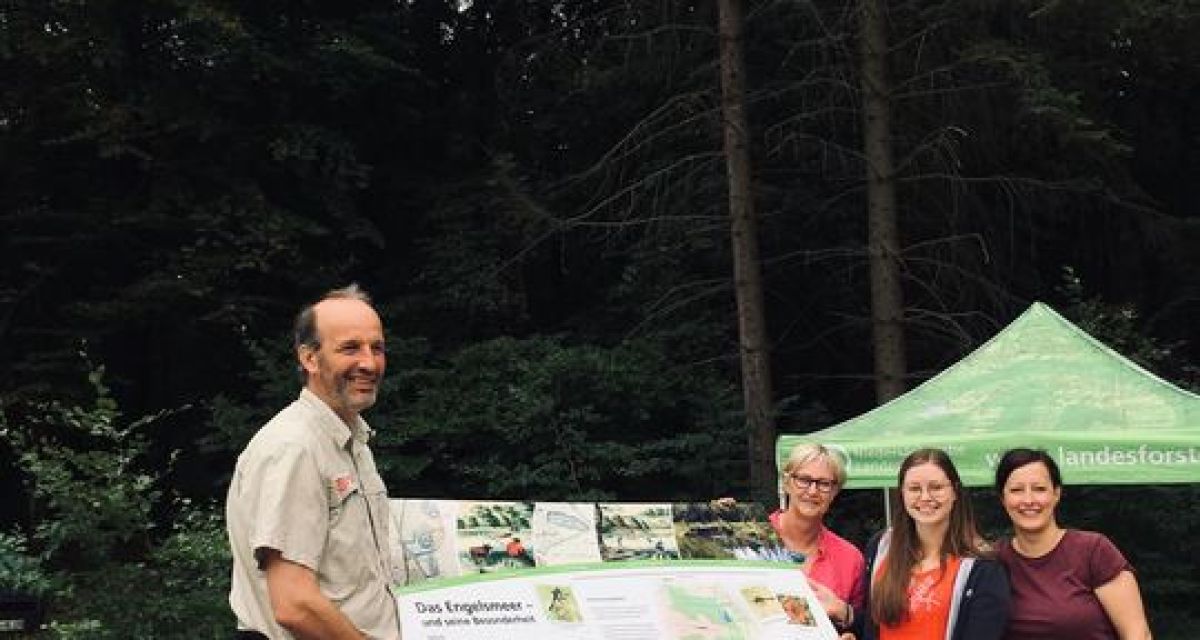 Tino Bent, Birgitt Dirks, Joana Busche und Ina Rosemeyer präsentieren die neue Infotafel für das Engelsmeer am Forst Upjever.