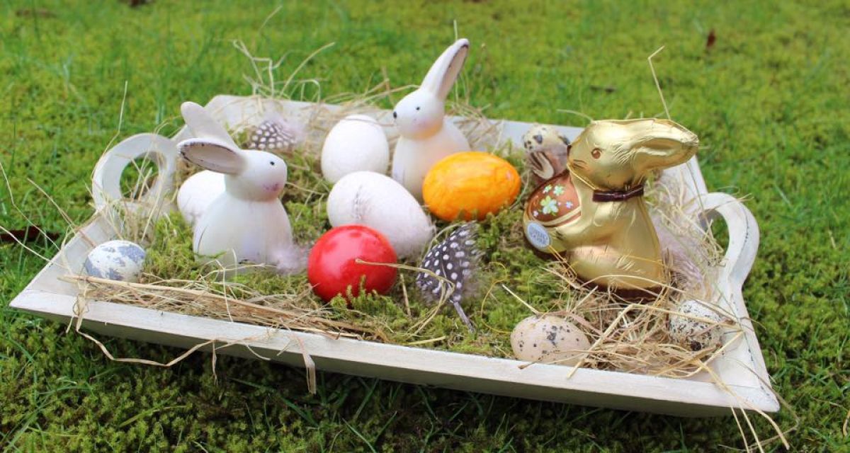 Zu sehen ist Osterhasen und Eier in einem Osternest auf einem Rasen.