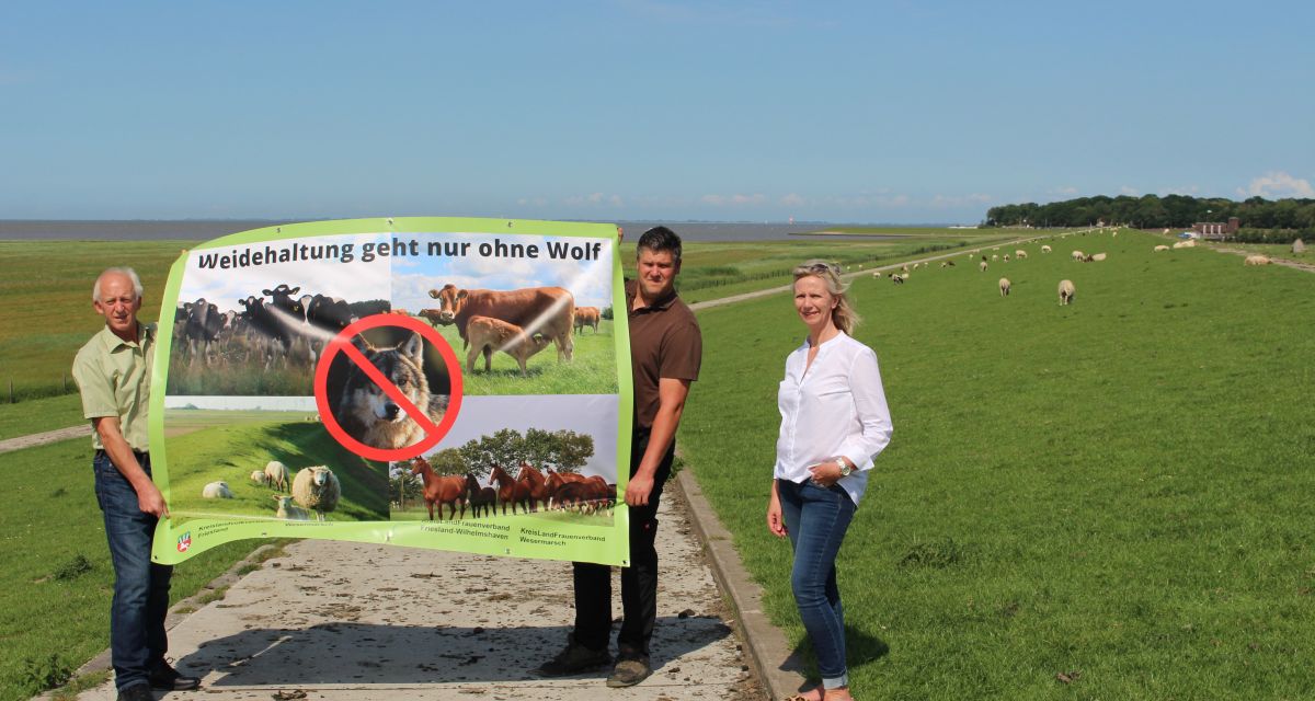 Hartmut Seetzen, Kurt Metzner und Ellen Kromminga-Jabben stehen am Deich und halten ein Plakat der Kampagne