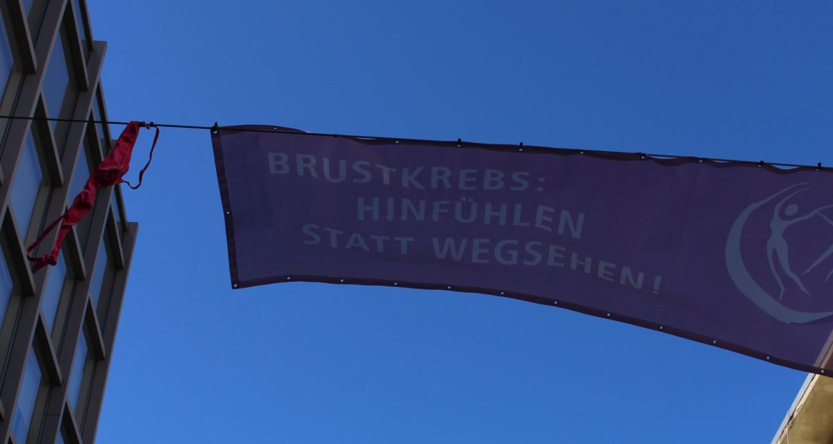 Zu sehen sind mehrere Leinen, die hoch zwischen Häusern gespannt sind. Daran hängen unzählige pinke BHs und ein Banner mit der Aufschrift