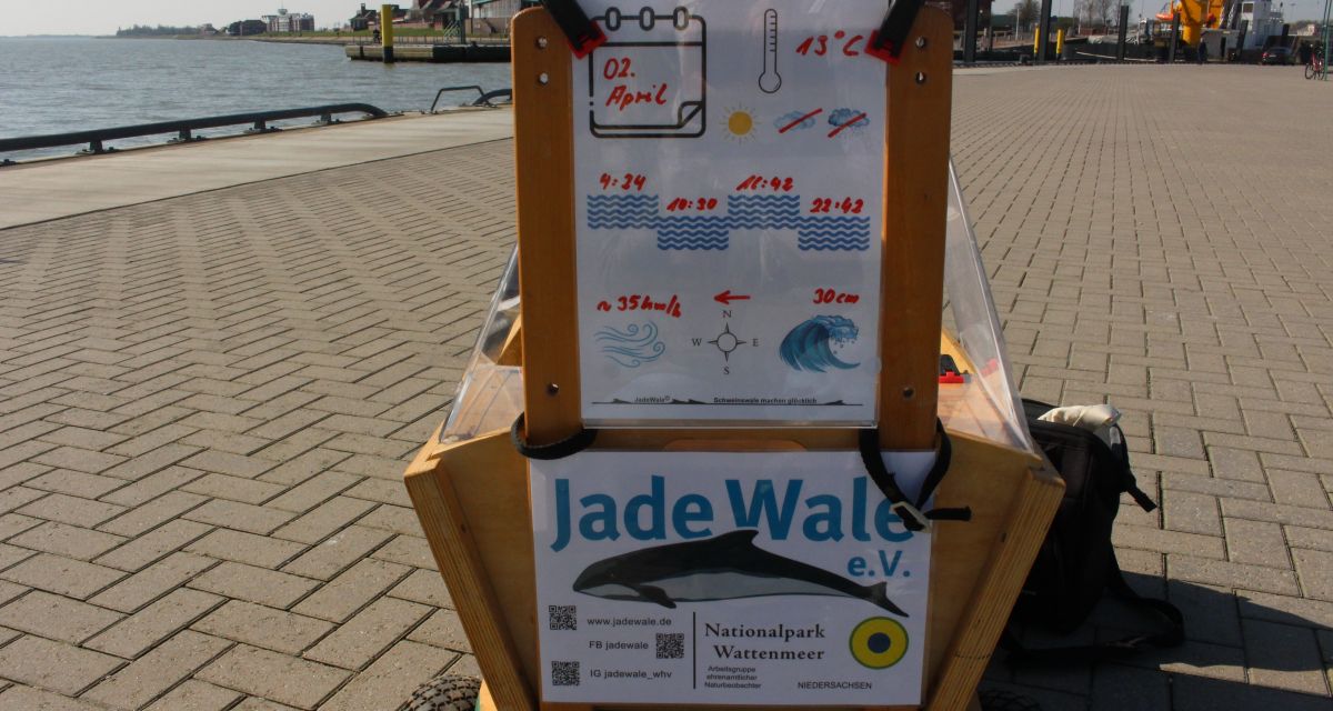 Zu sehen ist ein Bollerwagen mit verschiedenen Plakaten über den Verein JadeWale und die Wetterbedingungen des Tages. 