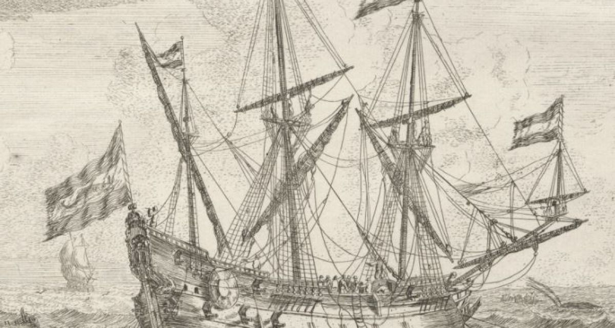 Historische Radierung eines Walfangschiffes