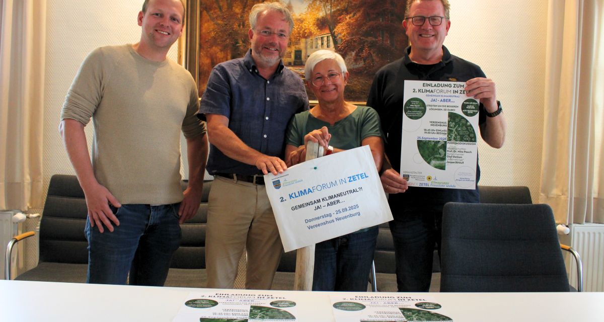 Tobias Zunker, Ingo Breitzke, Elfriede Geisendorffund der Bürgermeister der Gemeinde Zetel, Olaf Oetken, stellen das zweite Klimaforum in Zetel vor.