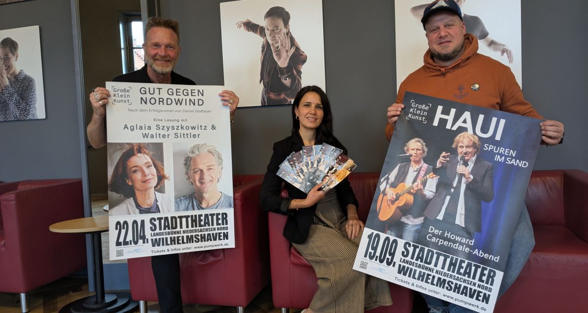 Intendant der Landebühne Niedersachsen Nord Olaf Strieb, Pressesprecherin Sarah Helmy und Mirco Wenzel von der WTF stellen das Programm für