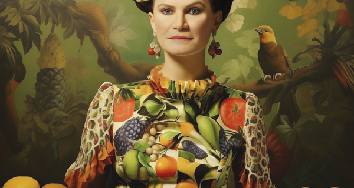 Zu sehen ist eine künstlerrische Darstellung der Sängerin, stilistisch zwsichen Frida Kahlo und Giuseppe Arcimboldo