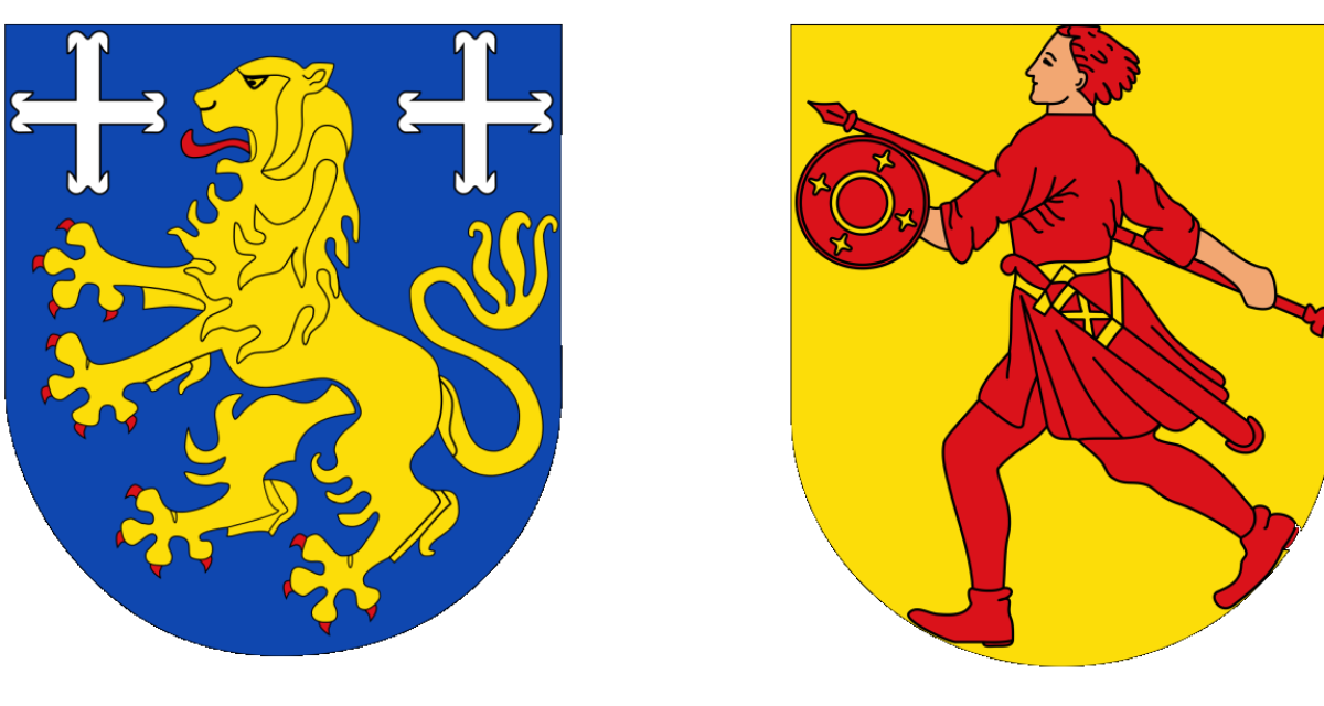 Nebeneinander sind die Wappen des Landkreises Friesland (blaues Feld, goldener Löwe, weiße Kreuze) und der Kreisfreien Stadt Wilhelmshaven (goldenes Feld, Rüstringer Friese mit Lanze, Schwert und Schild in rot) zu sehen.