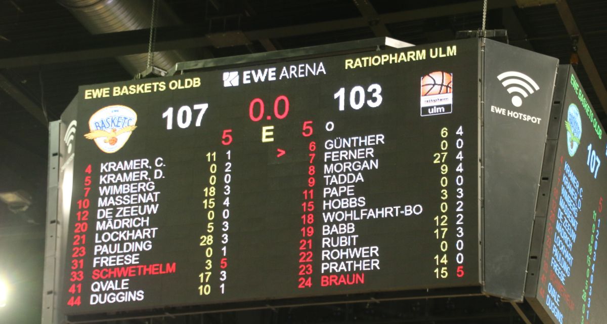 Zu sehen ist die Sporthallen - Anzeige mit dem Ergebnis 107 zu 103.