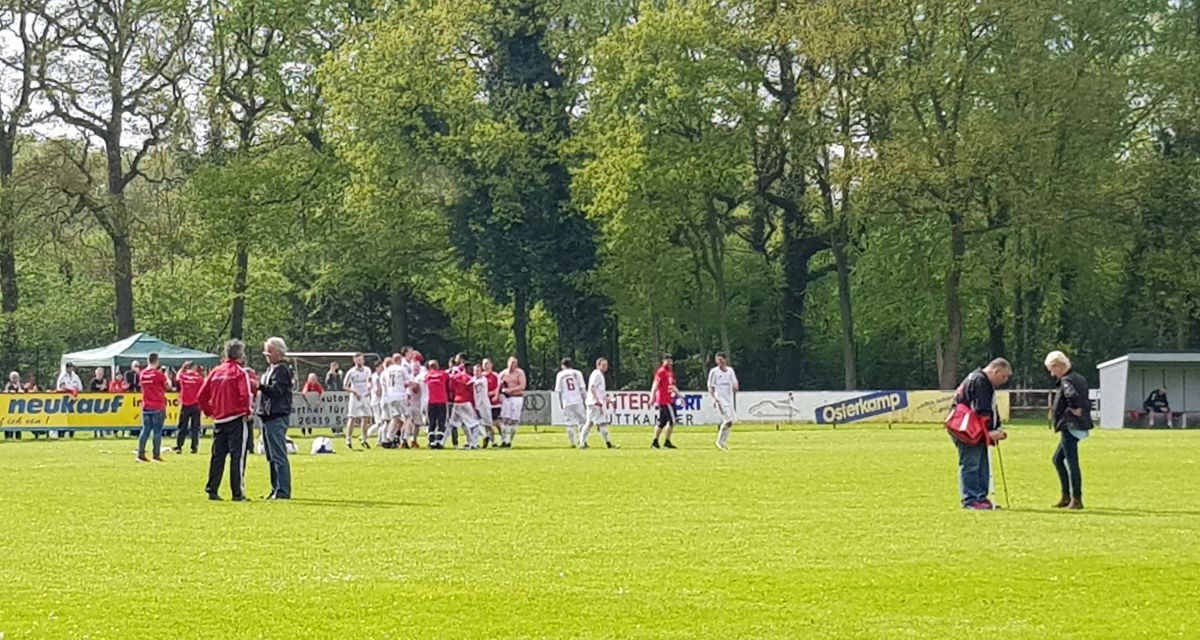MehrereFußballspieler auf einem Rasenplatz.