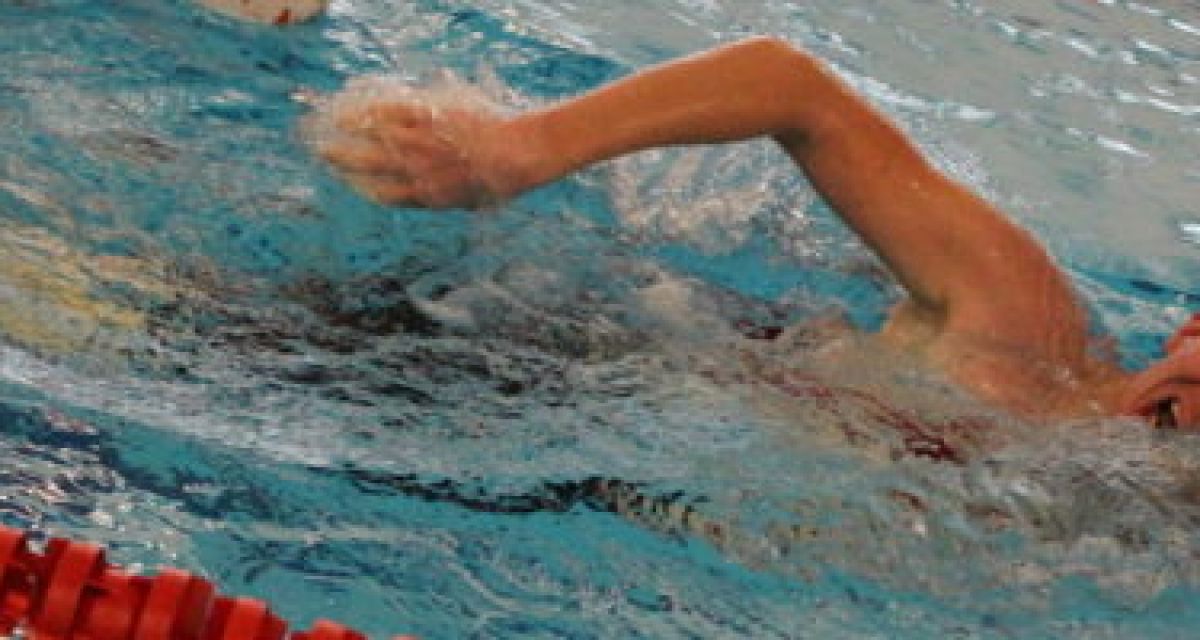Ein Mann mit Schwimmbrille schwimmt Bahnen in einem Schwimmbad.