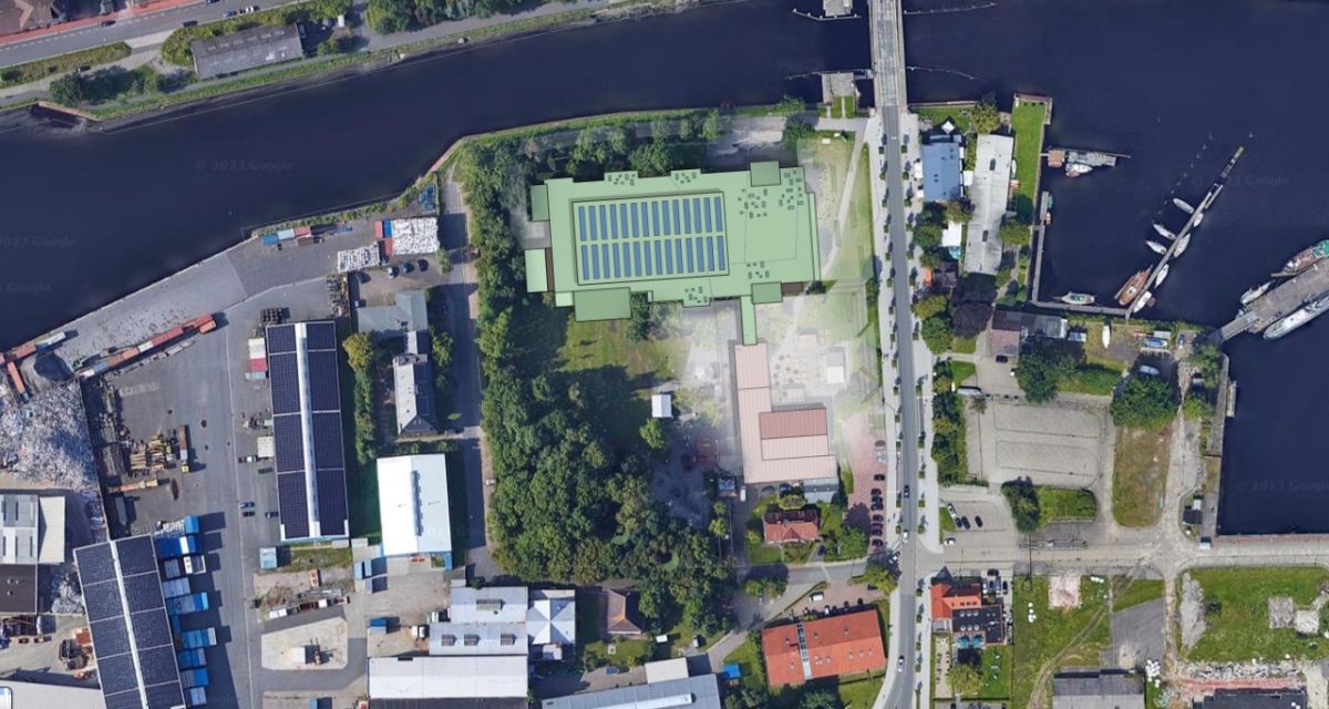 Zu sehen ist eine planerische Luftansicht der Stadthalle auf dem Gelände des Pumpwerks