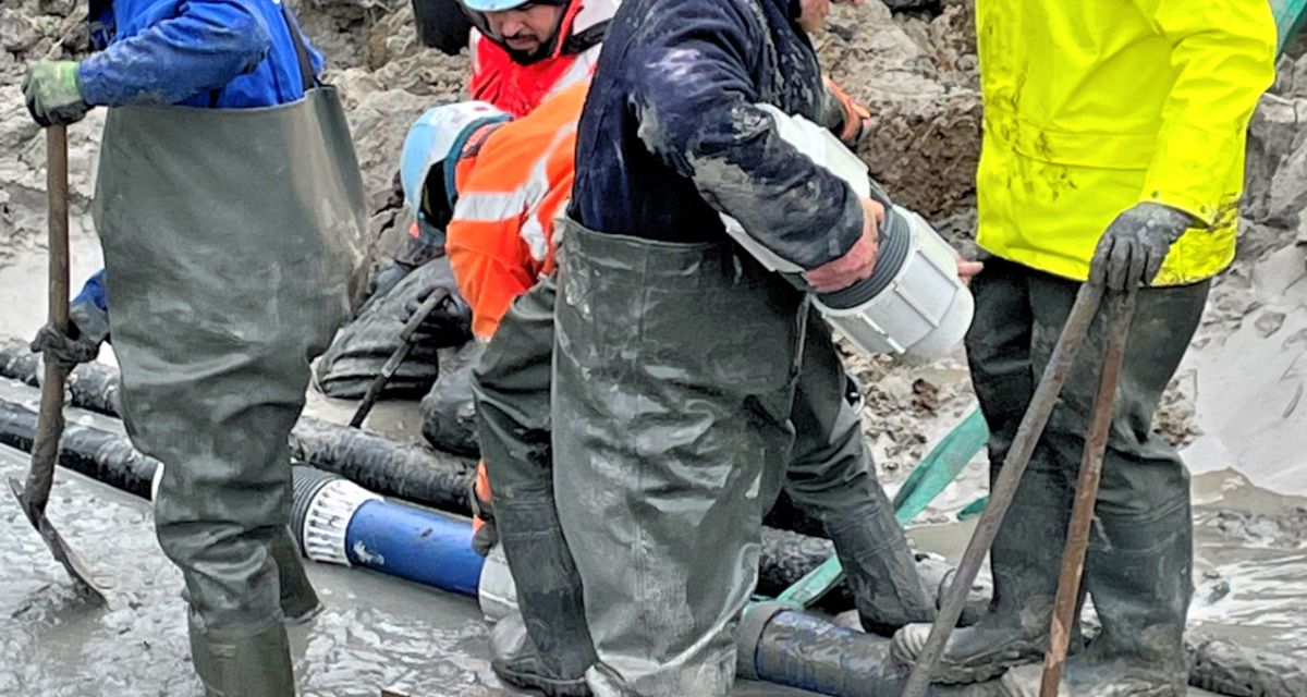 Arbeiter reparieren die defekte Wasserleitung zwischen Festland und Wangerooge. Sie stehen in Arbeitskleidung im Schlamm, tragen hellblaue Helme und schauen auf die Leitung.
