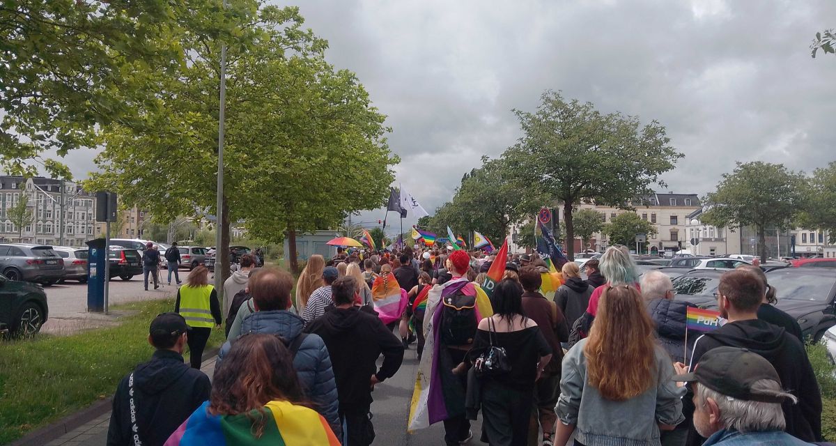 Der Demonstrationszug des 5. Christopher Street Day in Wilhelmshaven läuft die Bahnhofstraße in Richtung der Mitscherlichstraße entlang. Das Foto ist im vorderen Drittel der Demonstration entstanden und zeigt Menschen jeden Alters und Geschlechts, mit diversen bunten Fahnen, Regenschirmen und Transparenten.