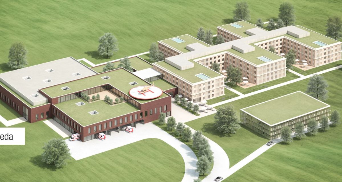 Zu sehen ist der Entwurf eies Klinkumsneubaus im Grünen