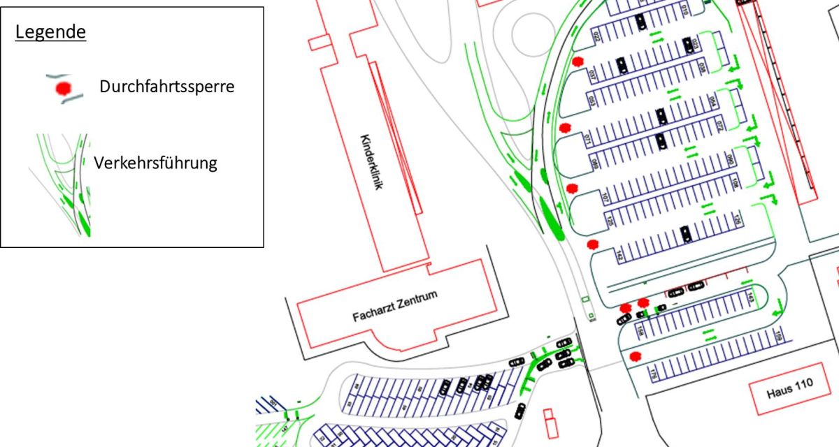 Man sieht eine Skizze zur neuen Wegeführung auf dem Hauptparkplatz am Klinikum Wilhelmshaven.